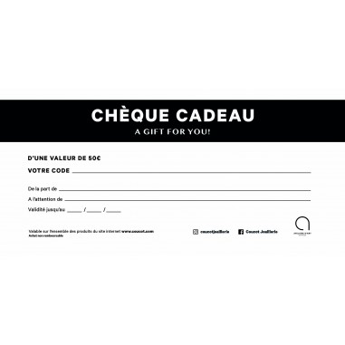 Photo du chèque cadeau vue recto montant 50€.